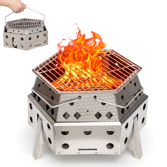 KingCamp Smokeless Fire Pit, 1-Second Setup Collapsible Wood Burning Fire Pit with 304 Stainless Steel Grill Rack, Portable Hexagonal Firepit for Camping, Patio & RV, 4–6 Person