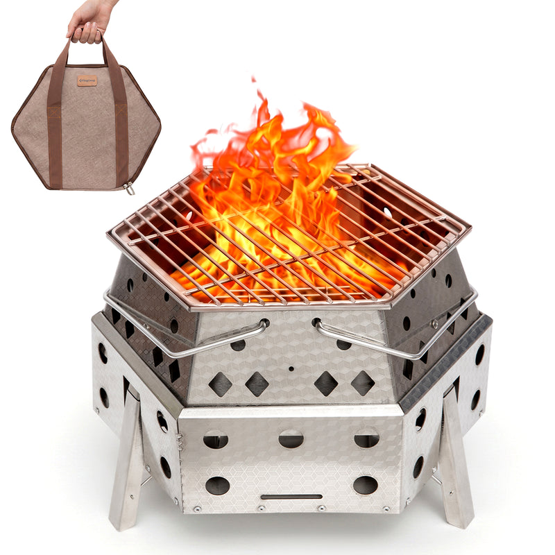 Load image into Gallery viewer, KingCamp Smokeless Fire Pit, 1-Second Setup Collapsible Wood Burning Fire Pit with 304 Stainless Steel Grill Rack, Portable Hexagonal Firepit for Camping, Patio &amp; RV, 4–6 Person
