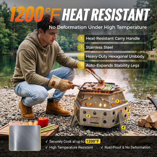 KingCamp Smokeless Fire Pit, 1-Second Setup Collapsible Wood Burning Fire Pit with Auto-Expands Stability Legs and Heat-Resistant Carry Handle