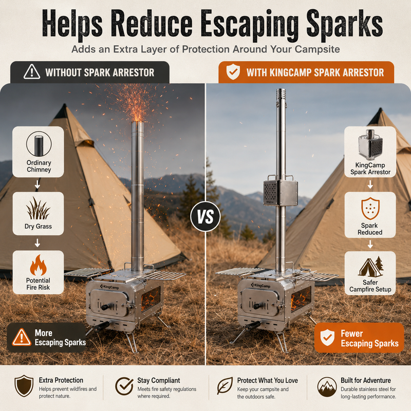 Laden Sie das Bild in Galerie -Viewer, A promotional comparison graphic for a campfire spark arrestor, showing a metal campfire with a tall chimney on the left and right. The left side is labeled 'WITHOUT SPARK ARRESTOR' and shows sparks flying from the chimney, with icons for ordinary chimney, dry grass, and potential fire risk.
