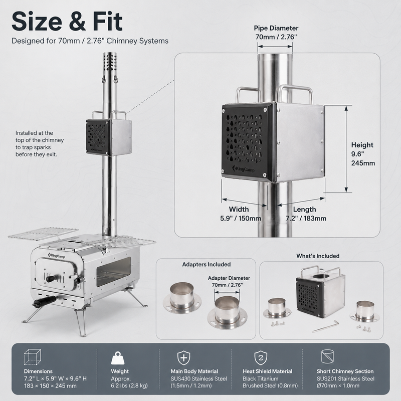 Laden Sie das Bild in Galerie -Viewer, KingCamp Spark Arrestor for 70mm Stove Pipes, Stainless Steel Chimney Spark Suppressor with Secondary Airflow, Heat Shield &amp; Adapters
