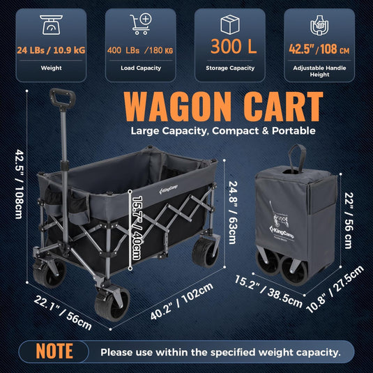 KingCamp TrailMate L7 Heavy Duty Folding Wagon | 300L Large Capacity Compact-Fold Utility Cart with 7" All-Terrain Wheels, 400lb Capacity
