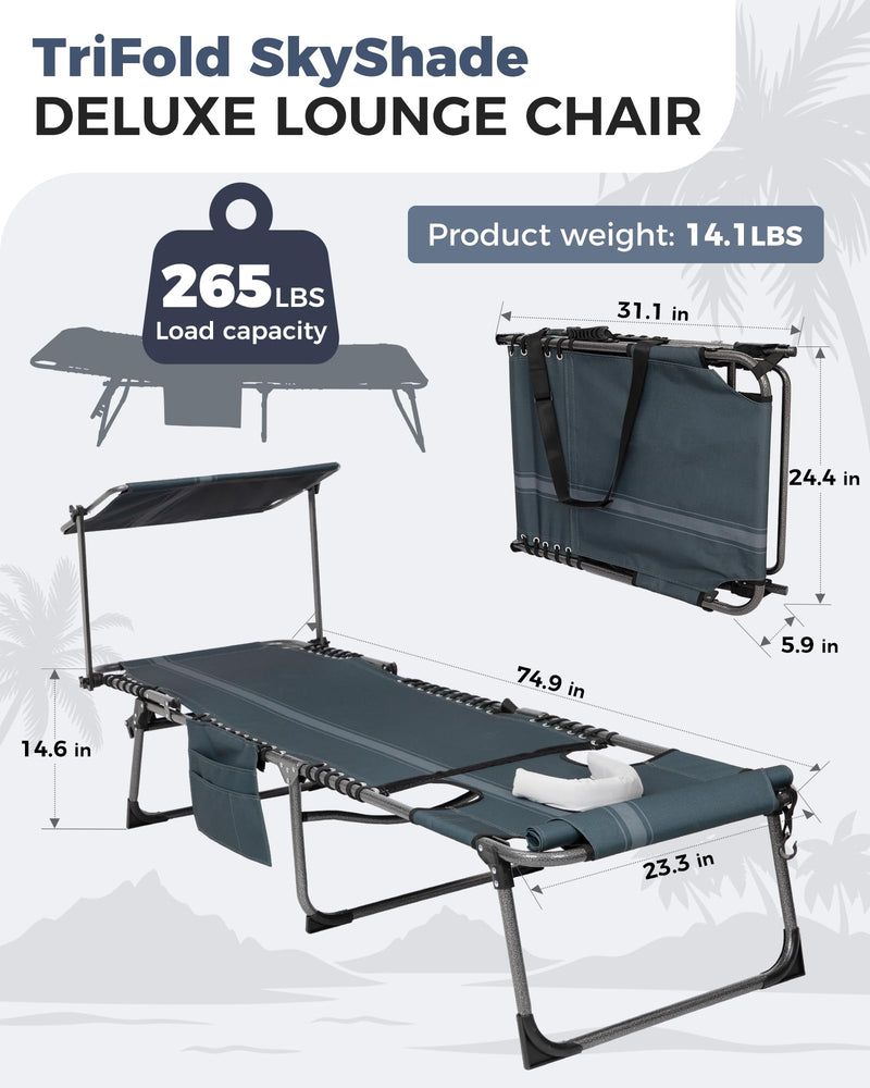 Load image into Gallery viewer, KingCamp Tri-Fold Backpack Chaise Lounge with 360° Rotatable Canopy Shade
