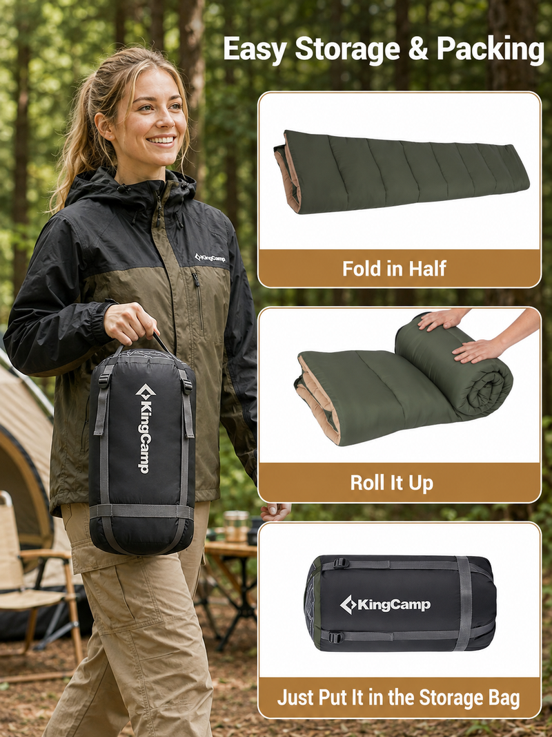 Laden Sie das Bild in Galerie -Viewer, KingCamp Trippy 350 Camping Sleeping Bag, 41°F Comfort Lightweight Rectangular Sleeping Bag, Water-Resistant, Zip-Together Design with Carry Bag
