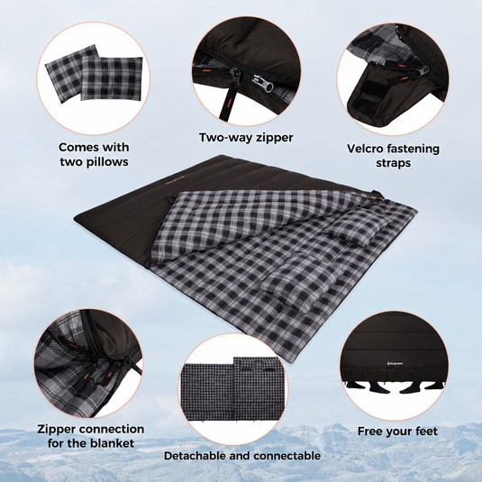 KingCamp Trippy C 450D 3-in-1 Double Sleeping Bag, 32°F Comfort Flannel-Lined 2-Person Camping Bag with Blanket & 2 Pillows