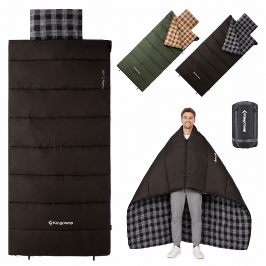 KingCamp Trippy C Flannel Sleeping Bag with Pillow, 75" x 33.5" Wide Rectangular Camping Sleeping Bag, Water-Resistant Convertible Blanket 350g/m²