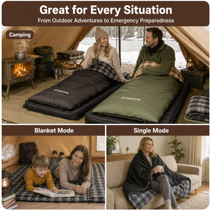 Load image into Gallery viewer, KingCamp Trippy C Flannel Sleeping Bag with Pillow, 75" x 33.5" Wide Rectangular Camping Sleeping Bag, Water-Resistant Convertible Blanket 420g/m²
