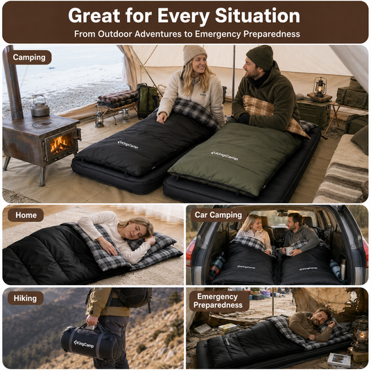 KingCamp Trippy C Flannel Sleeping Bag with Pillow, 75" x 33.5" Wide Rectangular Camping Sleeping Bag, Water-Resistant Convertible Blanket 420g/m²