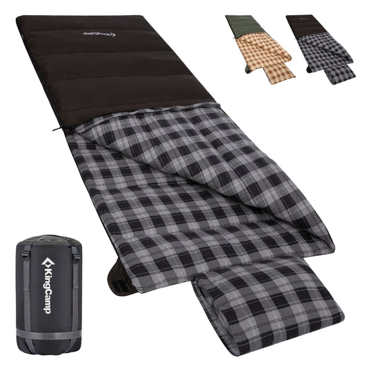 KingCamp Trippy C Flannel Sleeping Bag with Pillow, 75" x 33.5" Wide Rectangular Camping Sleeping Bag, Water-Resistant Convertible Blanket 420g/m²