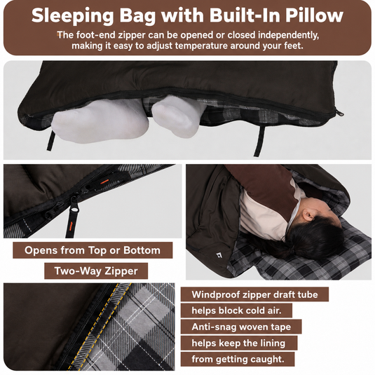 KingCamp Trippy C Flannel Sleeping Bag with Pillow, 75" x 33.5" Wide Rectangular Camping Sleeping Bag, Water-Resistant Convertible Blanket 420g/m²
