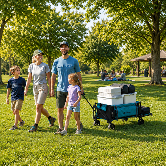 A family of four walks on a sunny grassy park path while pulling a black and teal wagon loaded with white coolers. Trees and picnic areas are visible in the background.