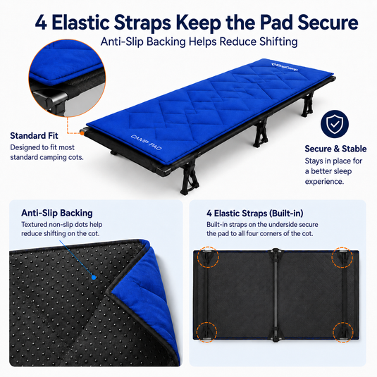 KingCamp CAMP PAD 350 Quilted Camping Cot Pad, Lightweight Padded Sleeping Mat with Elastic Straps, Machine Washable, 75" x 25"