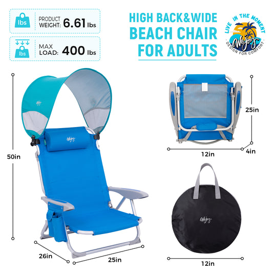 WEJOY 4-Position Beach Chair with Adjustable Canopy Shade Blue High Back and Wide Beach Chairs