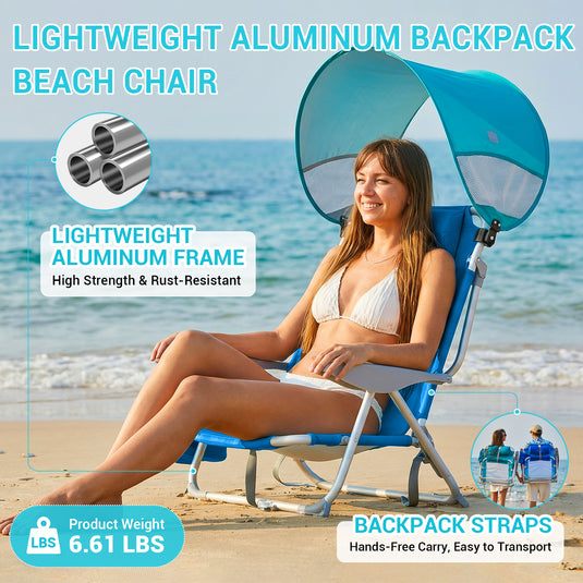 WEJOY 4-Position Beach Chair with Adjustable Canopy Shade Blue High Back and Wide Beach Chairs