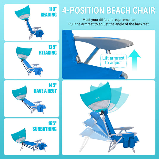 WEJOY 4-Position Beach Chair with Adjustable Canopy Shade and BackPack Straps