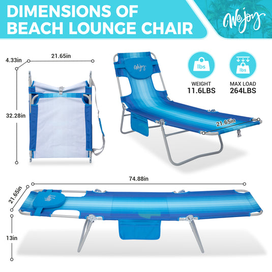 WEJOY Hook B10 Folding Beach Lounger | Adjustable 5-Position Reclining Sun Lounger with Face-Down Pillow Hole, 400lb Capacity Portable Chaise for Beach, Pool & Patio