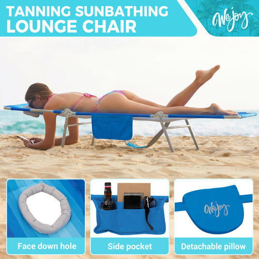 WEJOY Hook B10 Folding Beach Lounger | Adjustable 5-Position Reclining Sun Lounger with Face-Down Pillow Hole, 400lb Capacity Portable Chaise for Beach, Pool & Patio