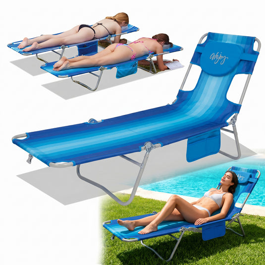 WEJOY Hook B10 Folding Beach Lounger | Adjustable 5-Position Reclining Sun Lounger with Face-Down Pillow Hole, 400lb Capacity Portable Chaise for Beach, Pool & Patio