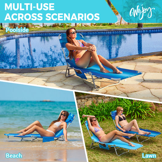 WEJOY Hook B10 Folding Beach Lounger | Adjustable 5-Position Reclining Sun Lounger with Face-Down Pillow Hole, 400lb Capacity Portable Chaise for Beach, Pool & Patio