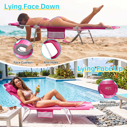 WEJOY Hook B10 Folding Beach Lounger | Adjustable 5-Position Reclining Sun Lounger with Face-Down Pillow Hole Pink