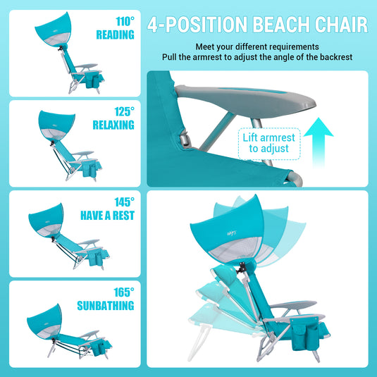 WEJOY 4-Position Beach Chair with Adjustable Canopy Shade